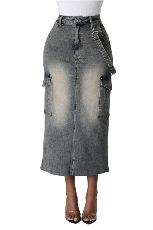 "Distressed Noire" Denim Long Skirt