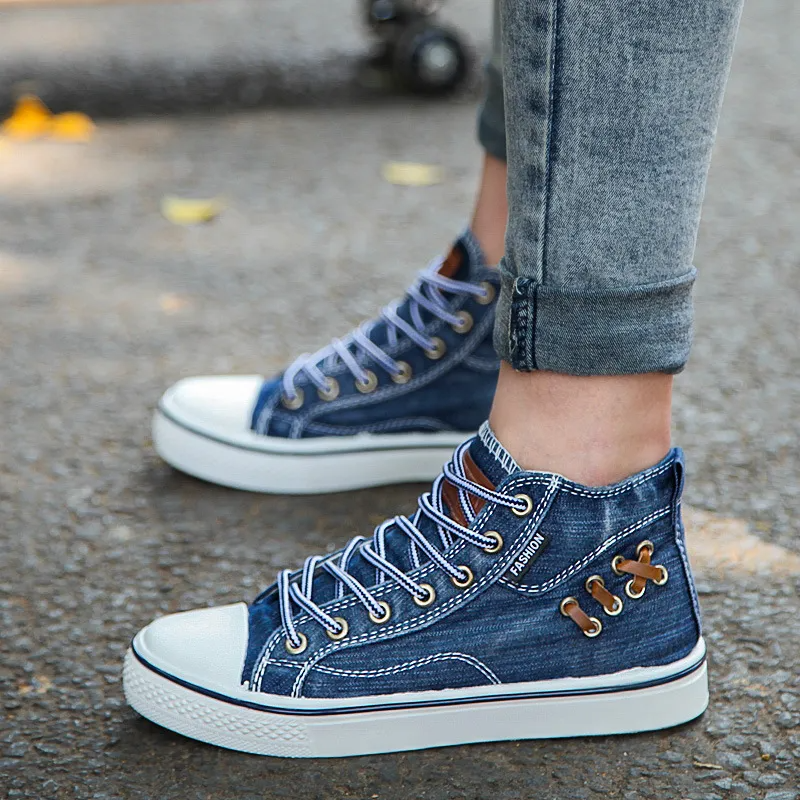 Washable Denim Upper Men High-Top Canvas Lace-Up Sneakers Shoes in "Mixtape"